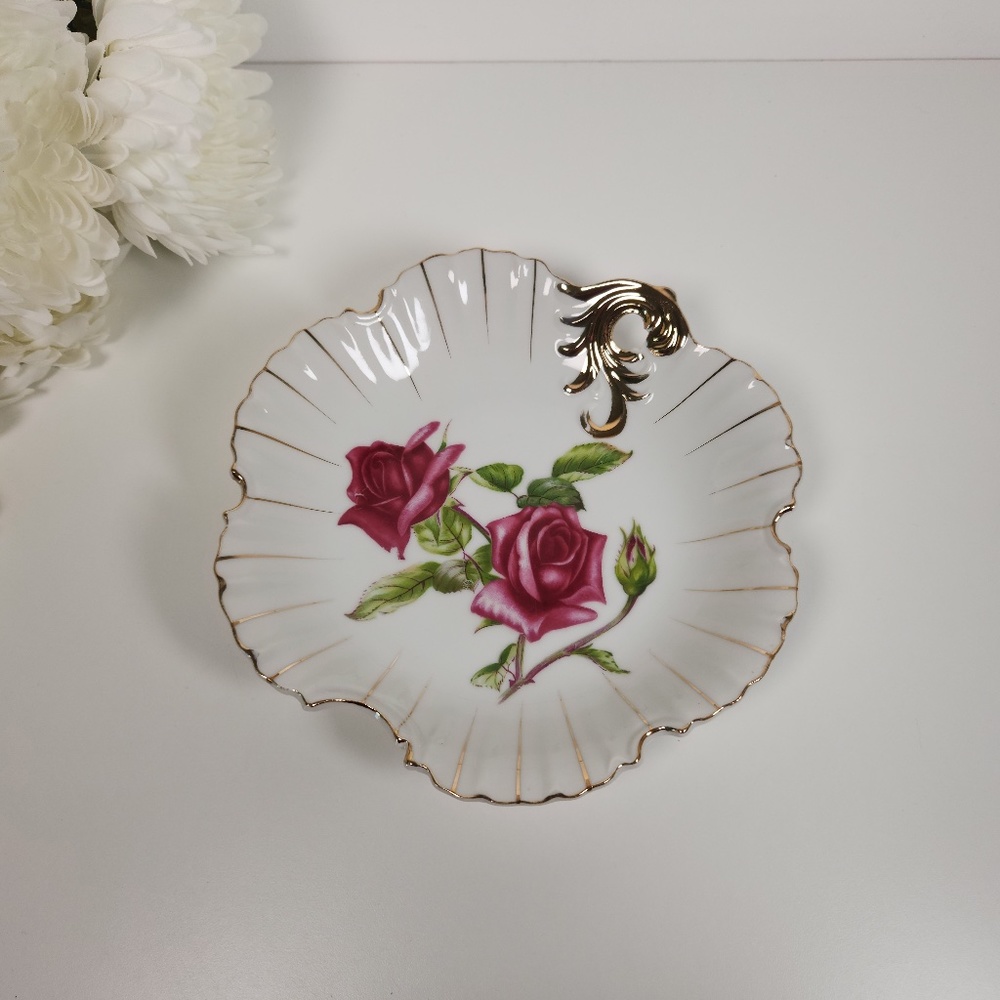 Vintage Mid Century Ucago China Hand-Painted Dish w/ Roses and Gold Trim- Ornate
